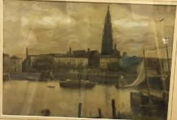 H SYKES "Harbour scene with cathedral in background", watercolour heightened with white, signed