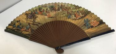 A collection of four various fans to include a bamboo and painted example depicting pansy heads on