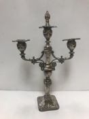 A Walker & Hall plated two branch candelabra in the Classical taste, 36 cm high including flaming