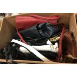 A box of assorted fashion handbags, to include two Ostrich skin style bags