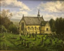 JACK RUSSELL "St. Kathrine's", study of a church with graveyard, oil on canvas, signed and dated '93
