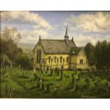 JACK RUSSELL "St. Kathrine's", study of a church with graveyard, oil on canvas, signed and dated '93