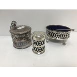 A late 20th Century three piece cruet comprising a silver drum mustard, pepper and oval salt with