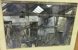 DONALD PITTOCK "Workshop interior with lathe in foreground", pen and ink and watercolour, signed and