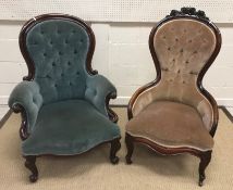 A Victorian mahogany framed button back salon armchair with scroll arms above a serpentine fronted