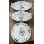 A Rosenthal dessert set comprising two twin handled oval bowls and four plates depicting peacocks