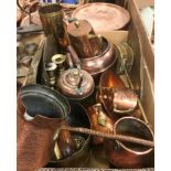 A collection of copper and other metal wares to include a two piece tea set comprising teapot and