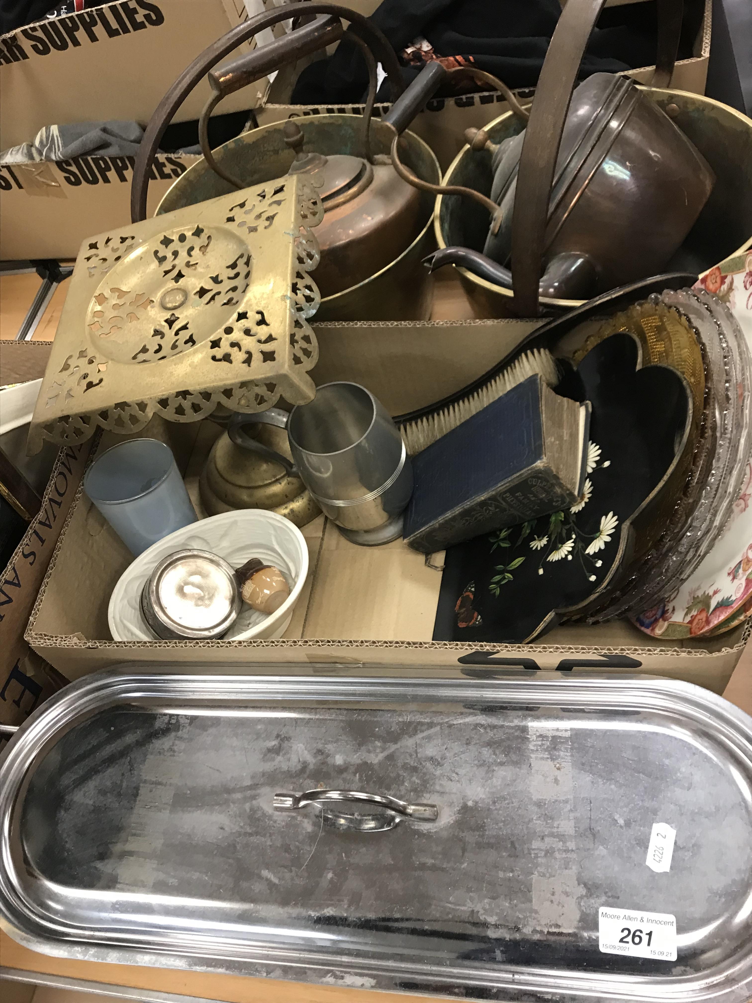 A collection of items to include two brass preserving pans, two copper kettles and a modern fish