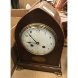 An Edwardian mahogany inlaid mantel clock of lancet form, 25 cm high, together with a German 365 day