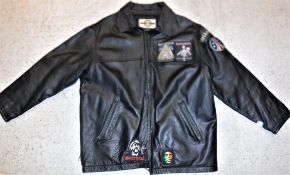 A North End All Climate Wear leather jacket, bearing cloth patches "Iron Maiden Power Slave", "