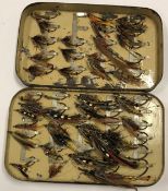 A large patent registered japanned salmon fly fisher's case with two internal swing leaves,