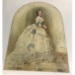 A Victorian porcelain plaque painted with image of young woman in blue and white ball gown
