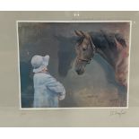 AFTER S.L. CROWFORD "Bustino", study of horse with Queen Mother in foreground, limited edition print
