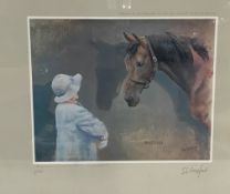 AFTER S.L. CROWFORD "Bustino", study of horse with Queen Mother in foreground, limited edition print