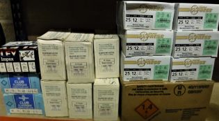 A collection of 12 bore shotgun cartridges including an un-opened box of Lyalvale Express fibre