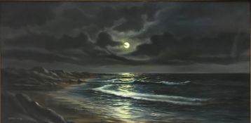 A BEARDSLEY "Coastal scene in moonlight", oil on canvas, signed lower right, 51 cm x 102 cm
