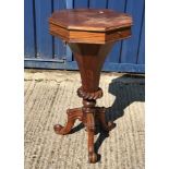 A Victorian rosewood work table of octagonal trumpet form, the top opening to reveal a fitted