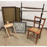 A collection of items comprising a circa 1900 rosewood three section folding fire screen, 50.5 cm