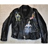 A genuine Cow hide motorcycle jacket with painted decoration depicting Led Zep IV hooded figure,