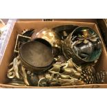Two boxes of metal wares to include assorted brass animal figurines, three copper and brass ewers