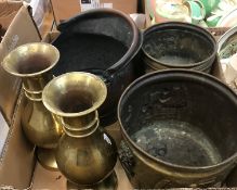 A pair of Chinese style baluster shaped brass vases approx. 30.5 cm high, together with two embossed