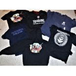 A collection of five IRON MAIDEN t-shirts including "Book of Souls" football shirt No. 16, "Iron