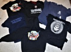 A collection of five IRON MAIDEN t-shirts including "Book of Souls" football shirt No. 16, "Iron