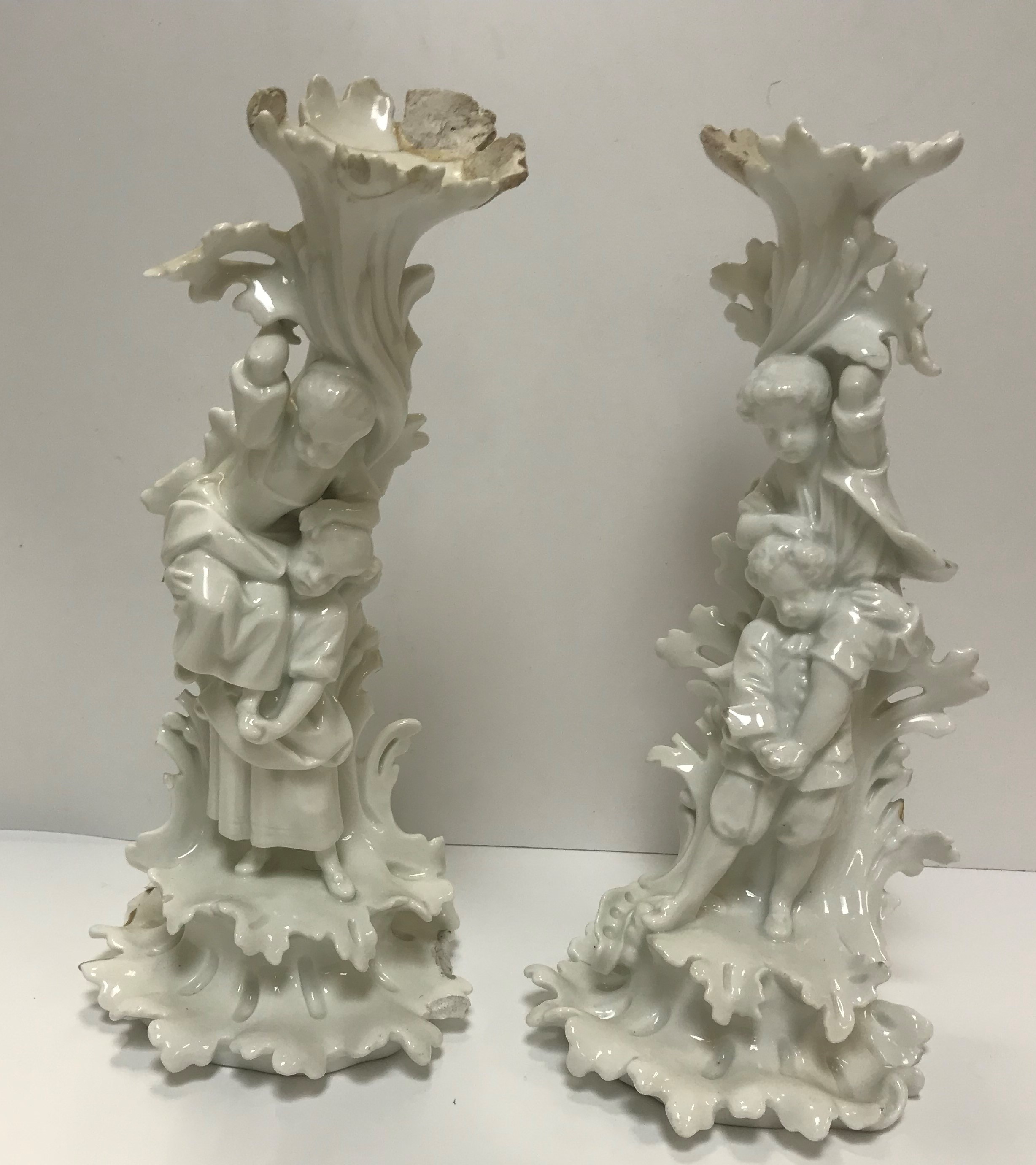 A pair of 19th Century Dresden blanc de chine cand