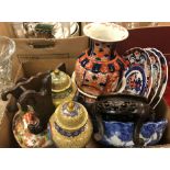 A collection of Oriental china and metal wares to include a pair of modern Chinese yellow bound