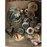 WITHDRAWN A box containing assorted decorative china wares to include commemorative beakers, etc,