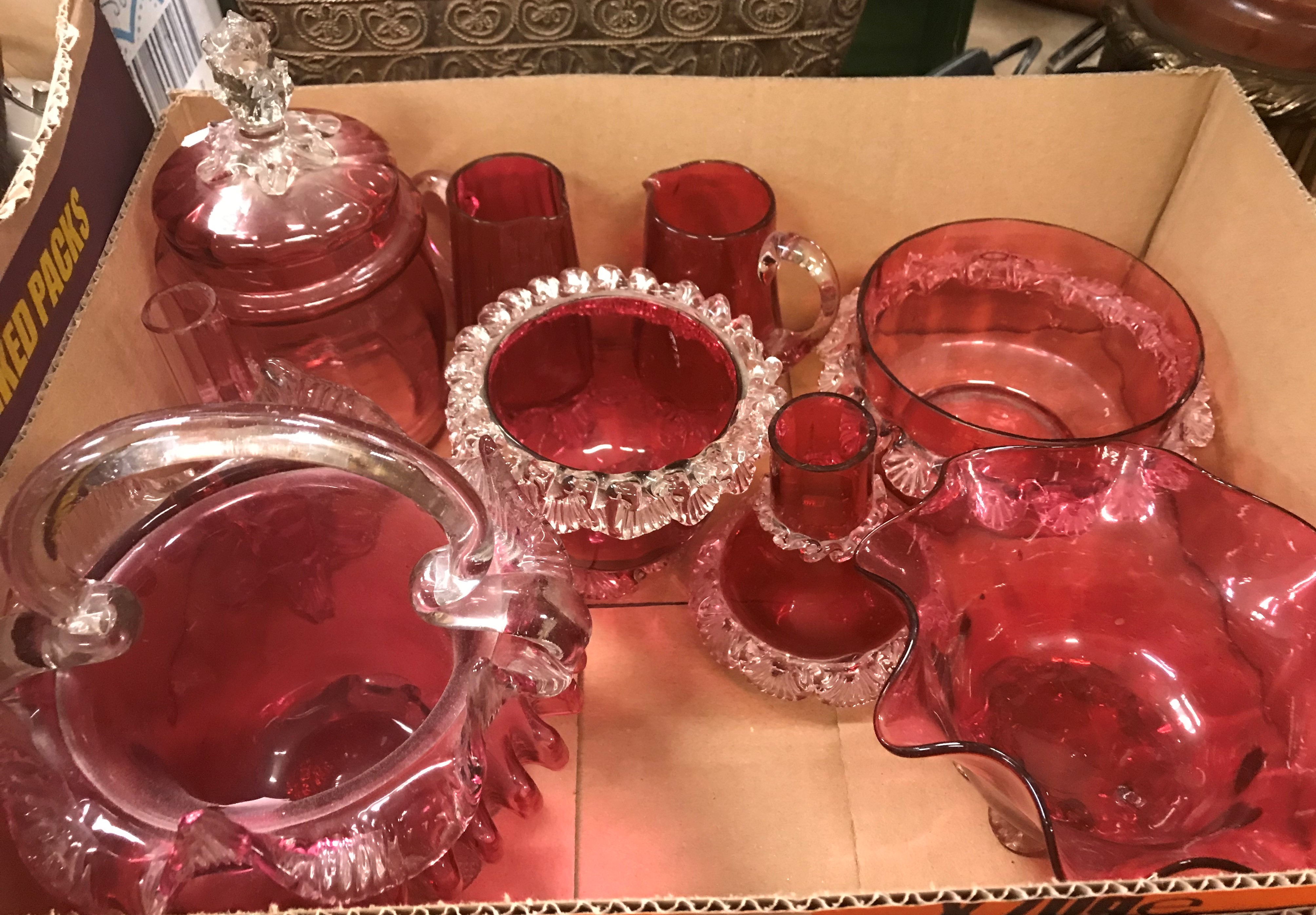 A collection of Cranberry glass to include lidded bowl, two lidded jars, two jugs, a basket etc - Image 2 of 2