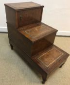 A modern burr walnut set of library steps with single cupboard and box on turned legs, 42 cm wide