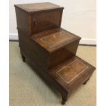 A modern burr walnut set of library steps with single cupboard and box on turned legs, 42 cm wide