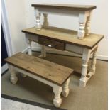 A modern pine kitchen table in the Victorian manner, the plank top on a painted base with single