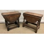 Two 20th Century oak oval drop-leaf occasional tables on turned and ringed legs to block feet united