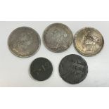 A collection of coinage to include a George III 1804 five shillings dollar, a Victorian 1893