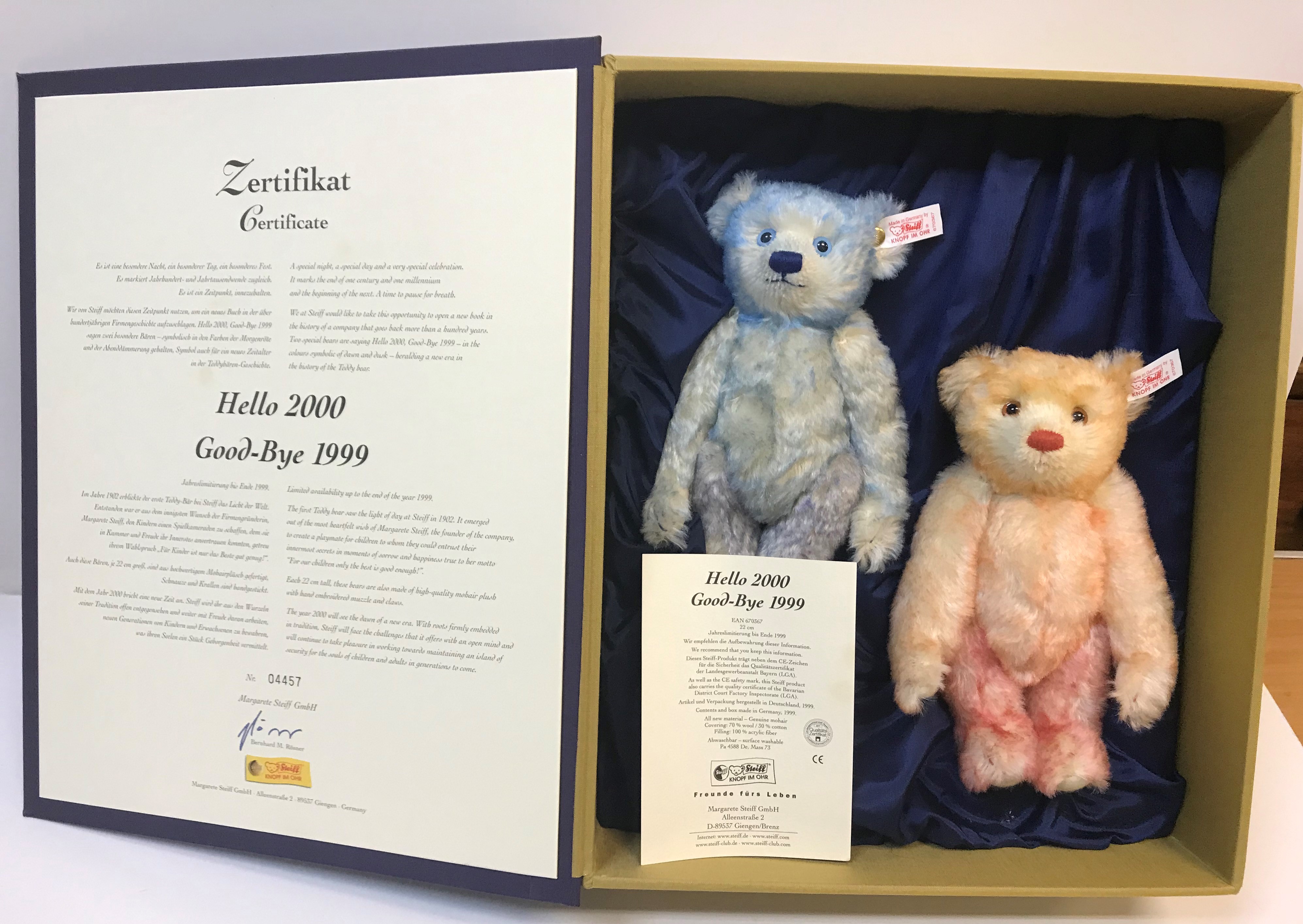 A Stieff "Hello 2000, Goodbye 1999" teddy bear set No'd 04457 in book style presentation case with - Image 2 of 2