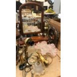 A Victorian mahogany toilet mirror with serpentine base, 58 cm high, a mahogany framed and brass