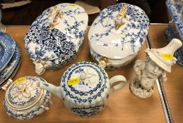 An 18th Century Worcester type blue and white teapot of ribbed squash form,