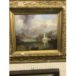 A CONTINENTAL SCHOOL "Mountainous lake scene with buildings and boats in foreground" oil on canvas,