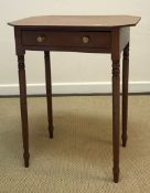 A Victorian mahogany single drawer side table on turned legs to peg feet 59 cm wide x 43 cm deep x