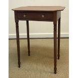 A Victorian mahogany single drawer side table on turned legs to peg feet 59 cm wide x 43 cm deep x