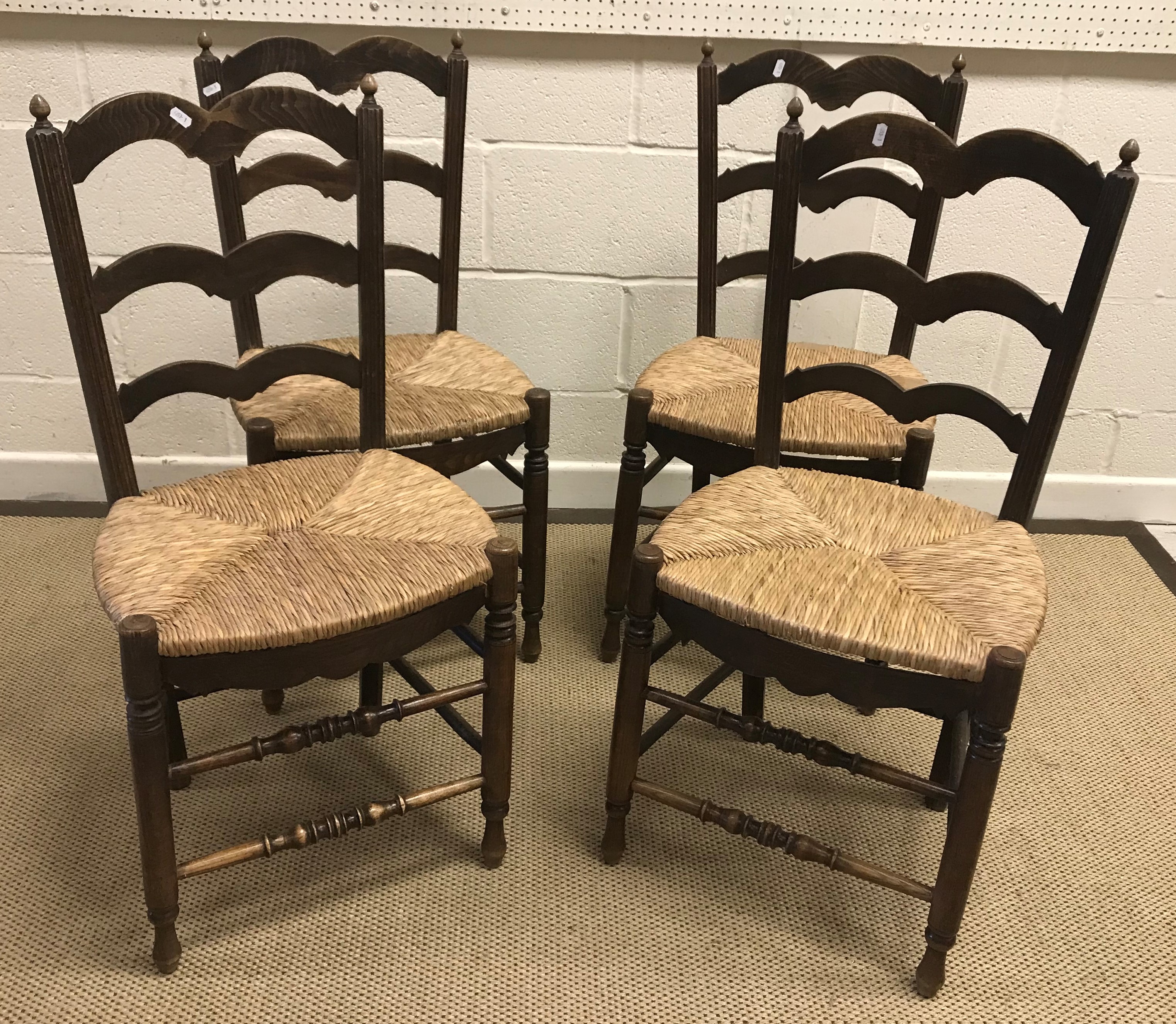 A set of three stained beech slat back kitchen chairs, two bar back bedroom chairs, - Image 3 of 6