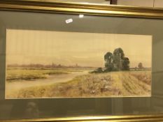 FLORRY M FRASER "River scene with church in background", watercolour study, signed lower right,