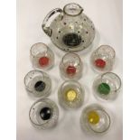 A 1960's Bohemian glass lemonade set comprising jug with white line, red, green,