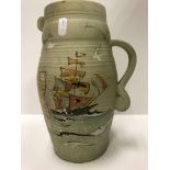 An art pottery ribbed jug with sailing boat decoration by Boyd England, No'd.