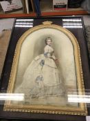 A Victorian porcelain plaque painted with image of young woman in blue and white ball gown carrying