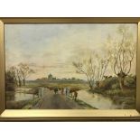 KAG "Cattle crossing a bridge with buildings in background", rural scene, oil on canvas,