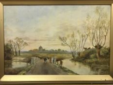 KAG "Cattle crossing a bridge with buildings in background", rural scene, oil on canvas,
