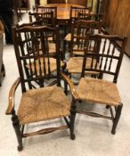 A 19th Century composite set of eight spindle back North Country dining chairs with rush seats (7